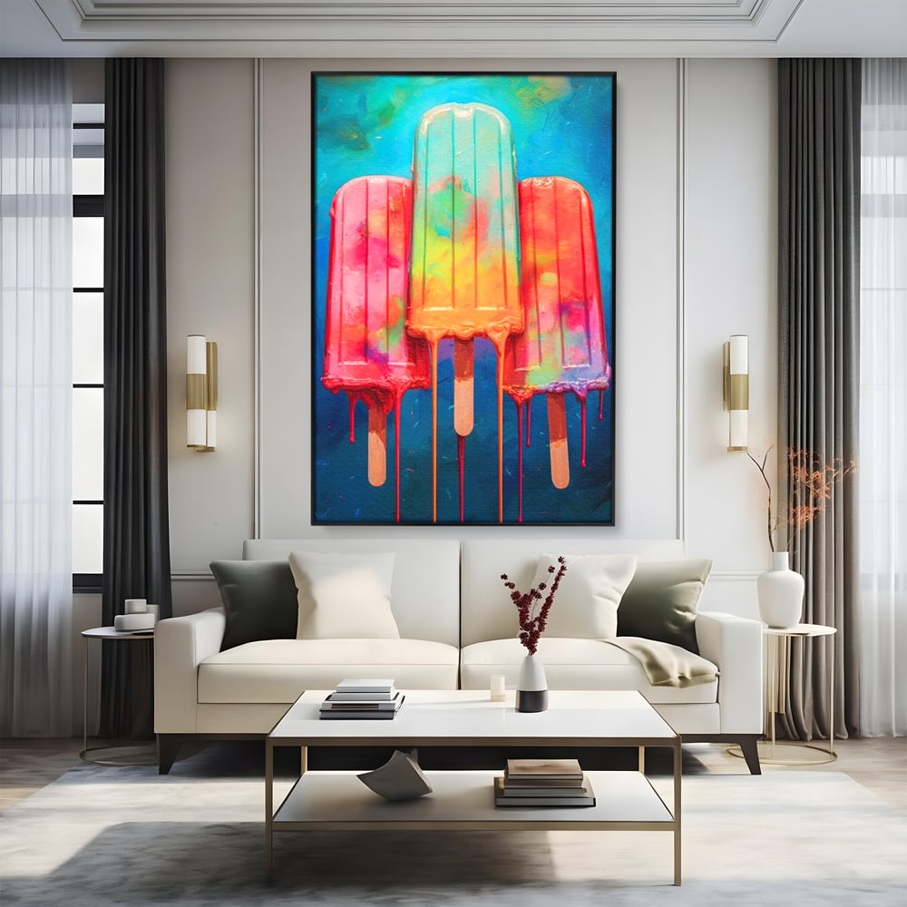 Tablou canvas cu pictura digitala cu trei inghetate pe bat colorate, in rama de aluminiu negru, pe perete intr-un living